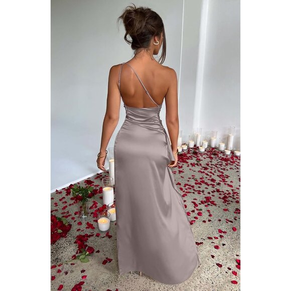 Women's Shallow Apricot Sexy One Shoulder High Split Wedding Party Maxi Dress - Picture 5 of 7